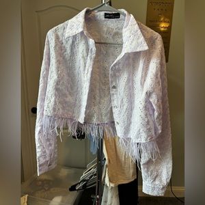 Women’s lavender crop jacket with feathers. Size medium.